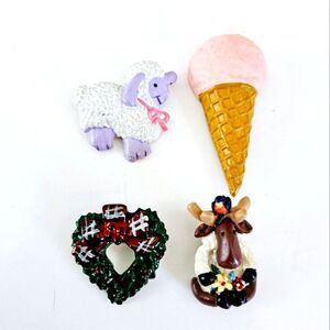 Vintage Set of Four Colorful Plastic Clay Brooch Pins Signed GGI Sheep JS Moose